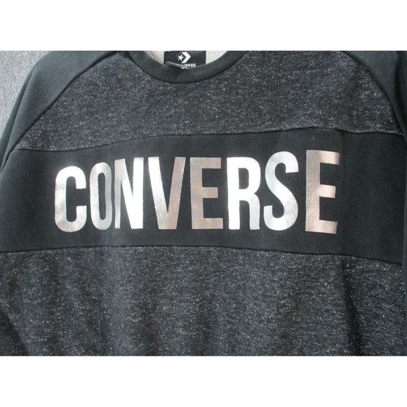 Converse Crop Sweatshirt Womens Small *Flaw Black Silver Foil Block Letter Logo - Picture 5 of 11